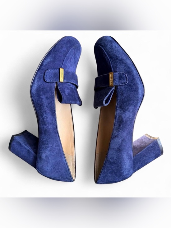 Vince Camuto Shoes - Vince Camuto Navy Suede Block Heel Pumps with Gold Accent